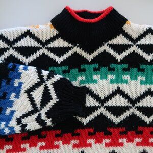 Vintage Men's Sweater Large Black Blue Red Chunky Knit Ski Resort Sweater